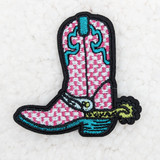 Checkered Boot Embroidered HAT/POCKET Patch, colorful embroidered patch of a cowboy boot with checkered pattern, blue and pink details, and decorative stitching on a white background.