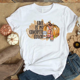 Fall is My Favorite Color Sublimation Transfer, decorative t-shirt with autumn-themed design including pumpkins, a coffee cup, and fall foliage.