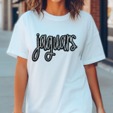 Jaguars Sequin Patch, close-up of a woman wearing a white T-shirt with the word 'jaguars' embroidered in black sequins on the front.