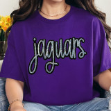 Jaguars Sequin Patch, a colorful patch featuring the word 'Jaguars' in sparkly sequins on a purple t-shirt.