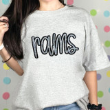 Rams Sequin Patch, a decorative patch with the word 'rams' in colorful sequins on a grey T-shirt.