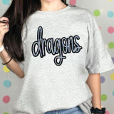 Dragons Sequin Patch, glittery embroidered patch on a gray t-shirt with the word 'dreamers' in cursive font.