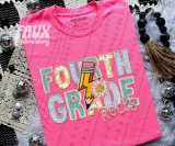 Fourth Grade Rocks Pink DTF Heat Transfer, colorful designed graphic with a pencil, daisy, and vibrant lettering on a pink T-shirt.