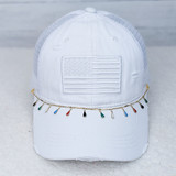 Product Colorful Teardrop Charms Hat Chain, white baseball cap with embroidered American flag patch and colorful teardrop charms hanging around the brim.