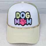 Party Lights Hat Chain, colorful beaded decorative chain attached to a beige and white cap with 'Dog Mom' embroidered patch.