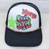 Neon Hearts Hat Chain, decorative embroidered cap with colorful patches and a heart-shaped rhinestone chain embellishment.