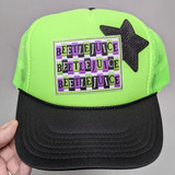 Beetlejuice Embroidered HAT/POCKET Patch, bright green and black trucker hat with embroidered Beetlejuice logo and a black star patch.