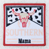Southern Mama Embroidered HAT/POCKET Patch, patch featuring a cow skull with horns, black and white leopard print background, pink and black embroidered text, and decorative lightning bolts.