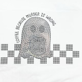 Spangled Coffee Because Murder Is Wrong Heat Transfer, a product with a dotted skull design and the phrase "Coffee Because Murder Is Wrong" in a semi-circular pattern.