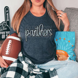 Panthers Faux Sequin Patch DTF Heat Transfer, silver and black sequin design spelling 'panthers' on a dark grey t-shirt.
