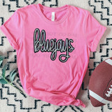 Bluejays Faux Sequin Patch DTF Heat Transfer, pink T-shirt with 'bluejays' text made of multicolored faux sequin patches on the front.