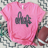 Chiefs Faux Sequin Patch DTF Heat Transfer, pink T-shirt with 'chiefs' written in black and silver sequins. 
