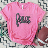 Foxes Faux Sequin Patch DTF Heat Transfer, pink T-shirt with 'foxes' embroidered in black and glittery sequin details.