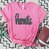 Hornets Faux Sequin Patch DTF Heat Transfer, pink T-shirt with black and silver sequin Hornets logo patch.