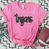 Trojans Faux Sequin Patch DTF Heat Transfer, decorative sequin patch on pink t-shirt with the word 'trojans' in black, for clothing embellishments.