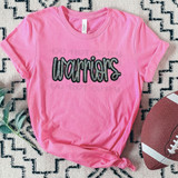 Warriors Faux Sequin Patch DTF Heat Transfer, pink t-shirt with glittery 'Warriors' patch.