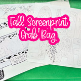 Fall Screenprint Grab Bag, collection of Halloween-themed screen printing transfer sheets with fall and Halloween designs on white paper.