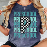 Preschool Checker DTF Heat Transfer, graphic design featuring a large question mark with a checkerboard pattern on a T-shirt.