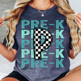 Pre-K Checker DTF Heat Transfer, graphic design with checkered 'P' letter on a t-shirt