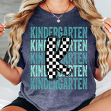 Kindergarten Checker DTF Heat Transfer, colorful graphic design featuring a checkered letter K on a child's t-shirt with repeated 'KINDERGARTEN' text in the background.