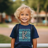 Kindergarten Checker DTF Heat Transfer, image of a young boy wearing a t-shirt with the letter 'K' design made of checkerboard pattern for kindergarten.