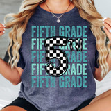 Fifth Grade Checker DTF Heat Transfer, a colorful school-themed t-shirt design featuring the number 5 with a black and white checkered pattern on a navy blue background.