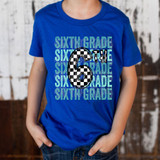 Sixth Grade Checker DTF Heat Transfer, graphic design with the number 6 and the words Sixth Grade repeatedly in the background.