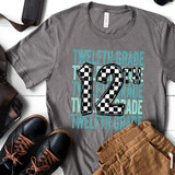 Twelfth Grade Checker DTF Heat Transfer, a gray T-shirt with a large checkered number 12 and repeating 'Twelfth Grade' text in blue and light blue.
