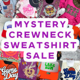 Mystery Crewneck Sweatshirt Sale, Collage of colorful apparel and accessories including graphic sweatshirts, hats, jewelry, and patches.