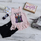 Hocus Pocus Sanderson Sisters Vogue Youth Screen Print Heat Transfer, pink fringe tank top with illustrated Sanderson sisters from Hocus Pocus and Vogue logo, fashion accessories including sunglasses, gray polka dot sneakers, and a decorative sign with inspirational quote.