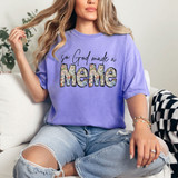 So God Made A Meme DTF Heat Transfer, woman wearing a purple t-shirt with a floral design and text, sitting on a white couch