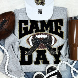 Black Chenille Football Game Day with Sequin Bow Patch, apparel featuring a football with a sequin bow, perfect for sports fans and game day celebrations.
