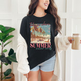 Take Me Wherever Summer Never Ends DTF Heat Transfer, woman wearing a black t-shirt with tropical beach and palm tree graphic, with text 'Take me where summer never ends'