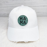 Leopard Mama FAUX Leather Patch, White baseball cap featuring a round logo patch with a teal leopard print background and bold black text.