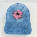Wild Rose FAUX Leather Patch, blue denim baseball cap with pink floral embroidered patch.