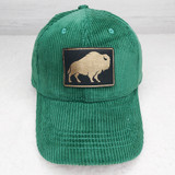 Bison FAUX Leather Patch, green corduroy baseball cap with Bison patch logo