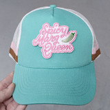 Spicy Marg Queen Embroidered Glitter Hat/Pocket Patch, turquoise baseball cap with white mesh back, featuring pink embroidered text and a green chili pepper patch.
