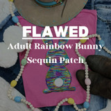 FLAWED Adult Rainbow Bunny Sequin Patch, imperfect rainbow Bunny patch on pink fabric with colorful sequins and beads.