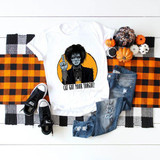 Cat Got Your Tongue Billy Sublimation Transfer, graphic t-shirt with a spooky design featuring a haunted character with long black hair and dark eyes, Victorian style, on white fabric.