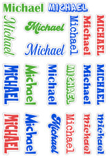 Back To School Custom Names Vinyl Sticker Sheet, colorful stickers of the name Michael in various fonts and colors including green, blue, and red.