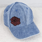 Rose FAUX Leather Patch, denim baseball cap with a rose patch embellishment.