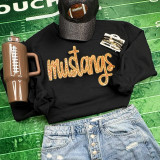 Mustangs Gold Sequin Patch, close-up image of a patch with gold sequins on dark fabric.