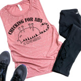 Checking For Abs Sublimation Transfer, pink sleeveless workout tank top with a humorous cat graphic and text, after my workout, shown with black leggings and athletic shoes.