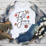 Fall for Jesus He Never Leaves Sublimation Transfer, white t-shirt with fall leaf design and quote about Jesus.