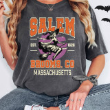 Salem Brooms Co DTF Heat Transfer T-shirt design featuring a vintage witch riding a broom with bold orange and white text, Massachusetts landmark details, and a purple background element.
