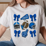 Blue Cheer Bows DTF Heat Transfer, illustrated design featuring blue bows, football helmets, a football, and cheerleading symbols on a gray T-shirt.