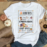 Things to do in fall, sublimation transfer t-shirt with fall-themed design including pumpkins, leaves, and cozy fall activities.