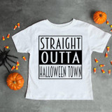 Straight Outta Halloweentown Sublimation Transfer, white t-shirt with Halloween-themed text design.
