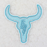 RHINESTONE Bull Skull HAT/POCKET Embroidered Patch, light blue bull skull patch with rhinestone embellishments and detailed embroidery for hats and pockets.