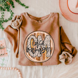 Case Manager Fall Brushstrokes DTF Heat Transfer, orange sweatshirt with a circular design featuring the words 'Oklahoma' in a dotted pattern and 'Calm' handwritten style.